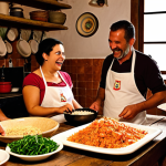 **

A warmly lit, rustic kitchen in a Portuguese "alojamento local" (local lodging).  A group of tourists are laughing and learning to make "arroz de marisco" (seafood rice) from a local woman. Focus on the fresh ingredients and joyful atmosphere.

**