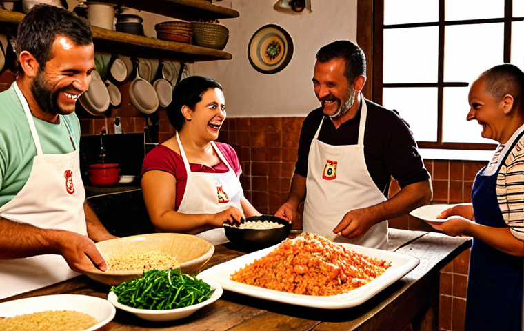 **

A warmly lit, rustic kitchen in a Portuguese "alojamento local" (local lodging).  A group of tourists are laughing and learning to make "arroz de marisco" (seafood rice) from a local woman. Focus on the fresh ingredients and joyful atmosphere.

**