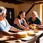** A group of diverse tourists joyfully participating in a hands-on cheese-making workshop at a rustic farm in the Portuguese countryside. The scene is bathed in warm sunlight, highlighting the authentic, local experience. The guide is interacting with the group. Focus on the interaction and authentic moment.

**