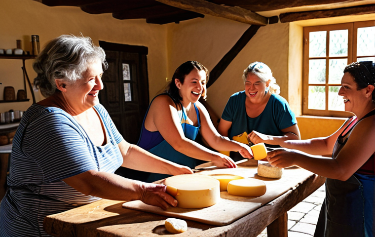 ** A group of diverse tourists joyfully participating in a hands-on cheese-making workshop at a rustic farm in the Portuguese countryside. The scene is bathed in warm sunlight, highlighting the authentic, local experience. The guide is interacting with the group. Focus on the interaction and authentic moment.

**