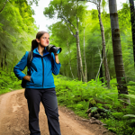 A professional female rural tourism guide in modest, durable hiking attire, fully clothed, standing on a winding dirt path within a lush, vibrant forest. She is holding binoculars and looking intently into the distance, with a curious and engaged expression. Sunlight filters through the canopy, illuminating the scene, highlighting a sense of deep connection with nature and discovery. safe for work, appropriate content, fully clothed, professional, perfect anatomy, correct proportions, natural pose, well-formed hands, proper finger count, natural body proportions, professional photography, high quality, realistic lighting.