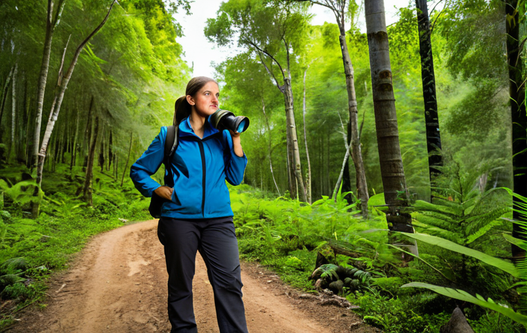A professional female rural tourism guide in modest, durable hiking attire, fully clothed, standing on a winding dirt path within a lush, vibrant forest. She is holding binoculars and looking intently into the distance, with a curious and engaged expression. Sunlight filters through the canopy, illuminating the scene, highlighting a sense of deep connection with nature and discovery. safe for work, appropriate content, fully clothed, professional, perfect anatomy, correct proportions, natural pose, well-formed hands, proper finger count, natural body proportions, professional photography, high quality, realistic lighting.