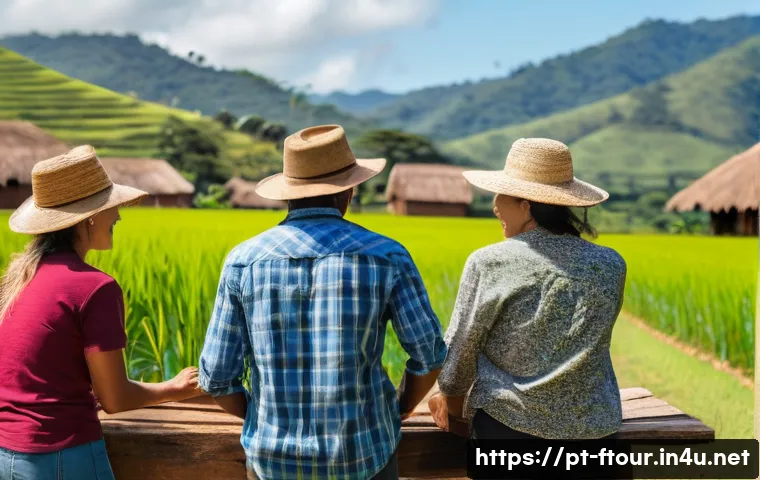 농촌관광지도사 국제 자격증 - A vibrant rural tourism scene in southern Brazil featuring a diverse group of tourists wearing casua...