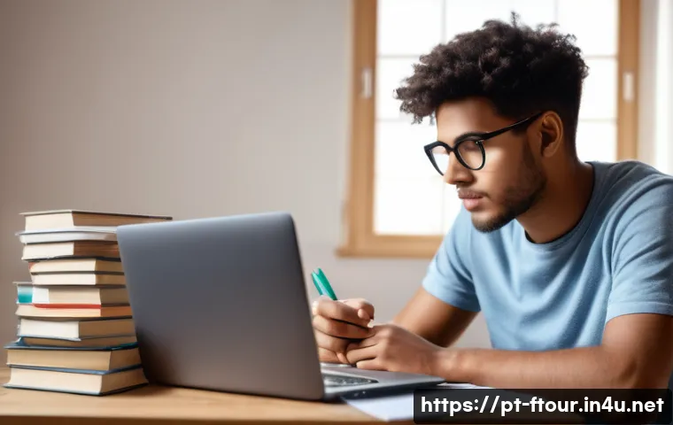 농촌관광지도사 시험 대비 커뮤니티 - A focused young adult studying in a cozy, well-lit room with organized study materials including boo...