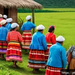 농촌관광지도사 직무 경험담 - A vibrant rural festival scene in a Brazilian countryside village, featuring local families dressed ...
