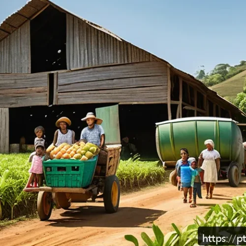 농촌관광지도사 전문성 강화 방법 - A warm, sunlit rural farm scene in Brazil showcasing a diverse family group&mdash;young adults, children w...