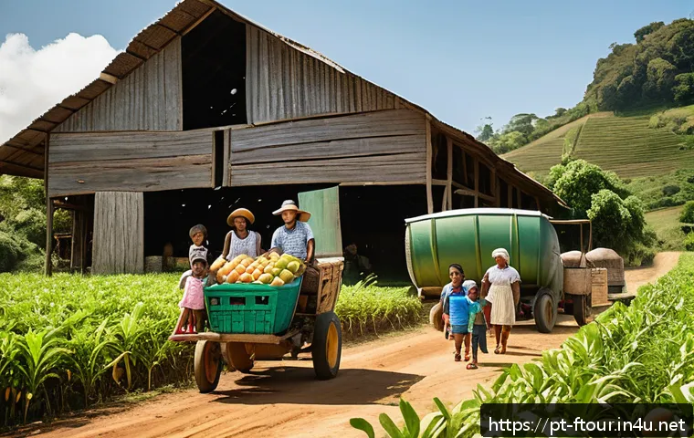 농촌관광지도사 전문성 강화 방법 - A warm, sunlit rural farm scene in Brazil showcasing a diverse family group—young adults, children w...
