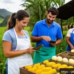 농촌관광지도사 이직 사례 분석 - A vibrant rural farm scene in southern Brazil during late afternoon, featuring diverse professionals...
