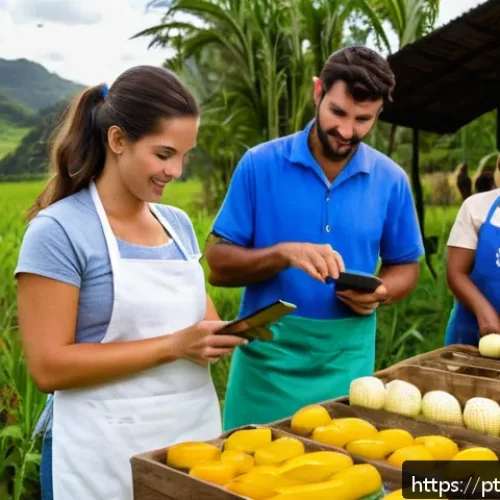 농촌관광지도사 이직 사례 분석 - A vibrant rural farm scene in southern Brazil during late afternoon, featuring diverse professionals...