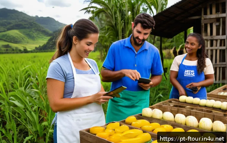 농촌관광지도사 이직 사례 분석 - A vibrant rural farm scene in southern Brazil during late afternoon, featuring diverse professionals...